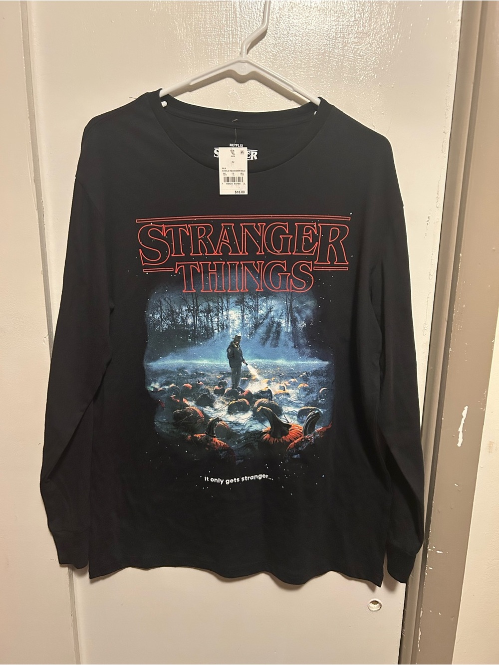 Netflix Black Long-Sleeve Stranger Things Graphic Tee with Red Logo